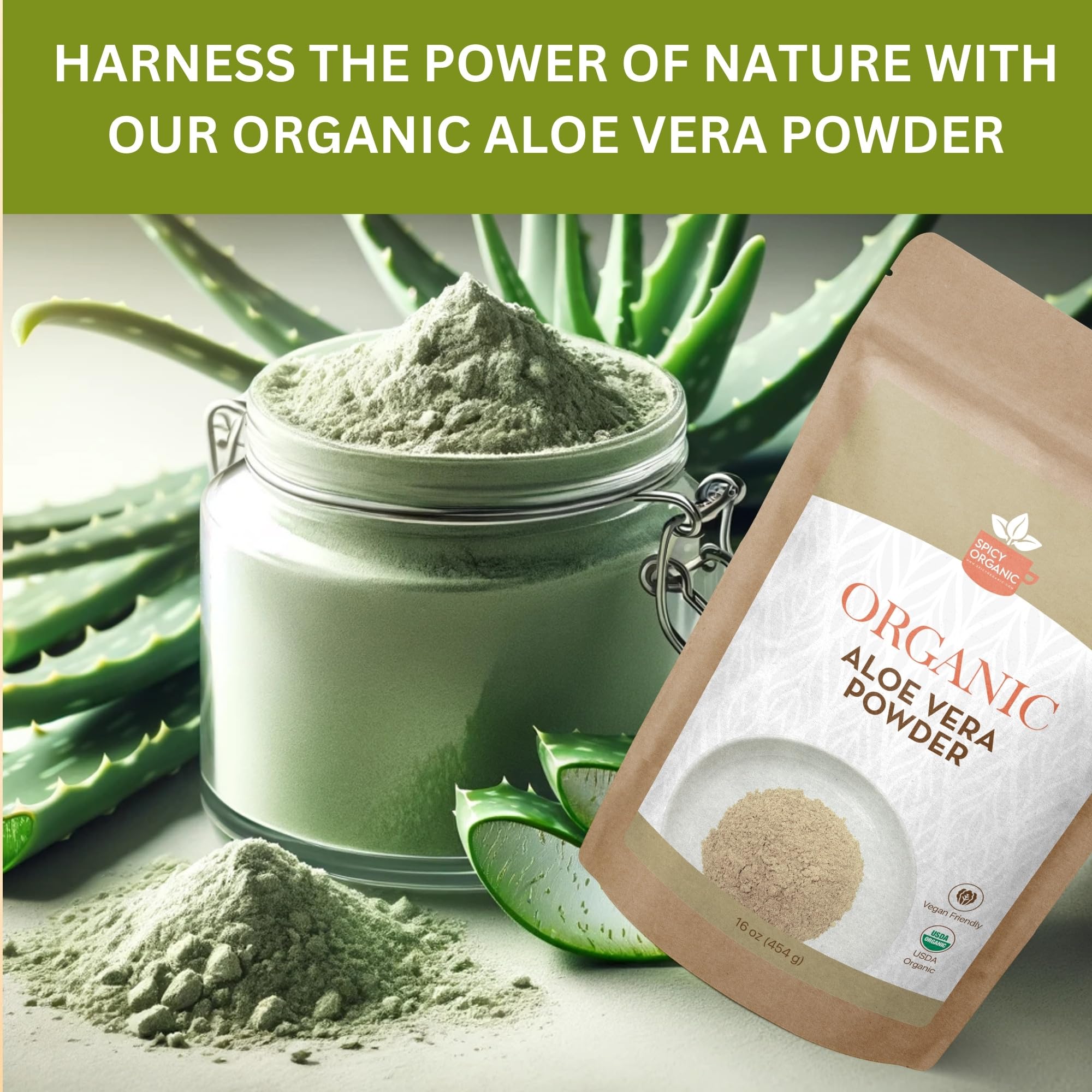 USDA Organic certification logo beside SPICY ORGANIC Aloe Vera Powder.