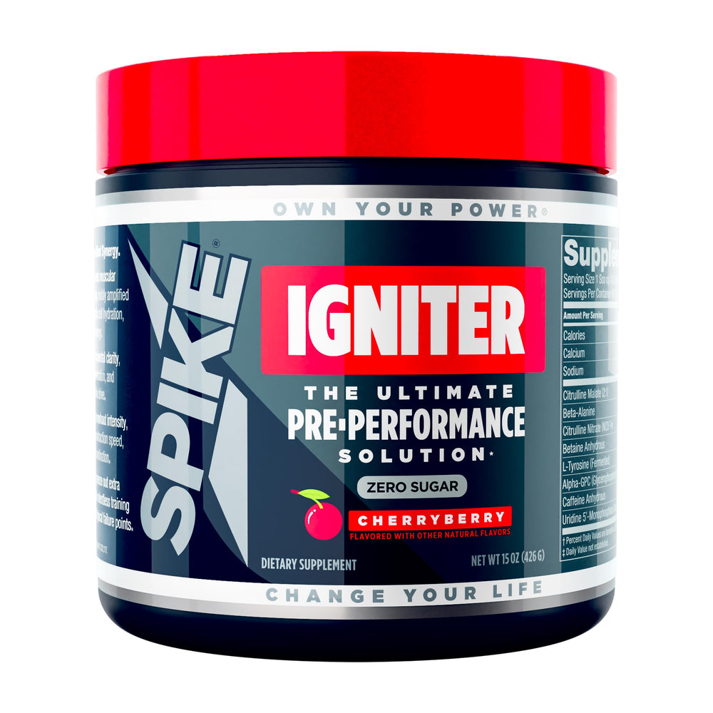 Spike Igniter CherryBerry bottle closeup highlighting energy boosting formula for workouts