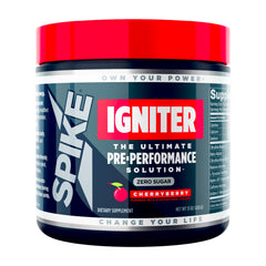 Spike Igniter CherryBerry bottle closeup highlighting energy boosting formula for workouts