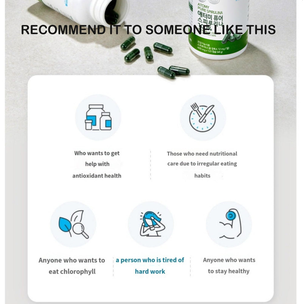 Spirulina bottle back reveals product details and suggested daily use.