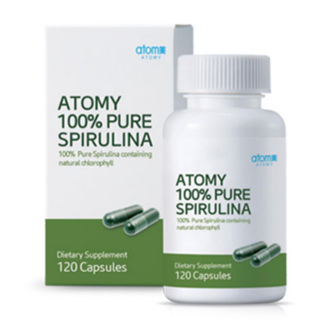 Spirulina bottle front shows 100% pure spirulina capsules for everyday nutrition.