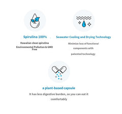 Spirulina capsules closeup highlights smooth odor-free, plant-based capsules.