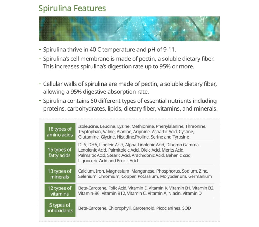 Spirulina jar in a neutral setting suggests clean, pure supplement aesthetic.