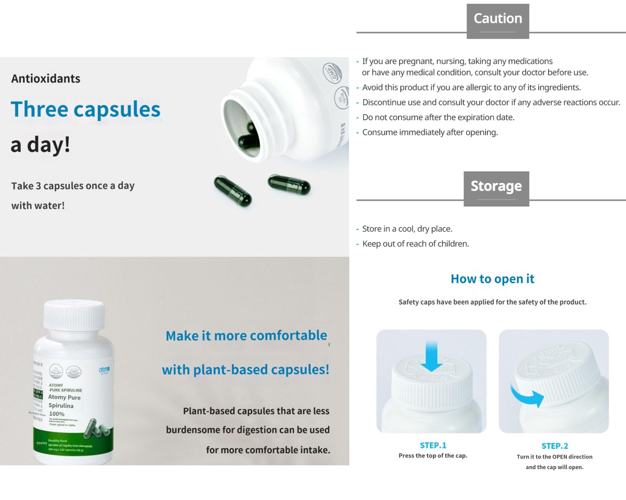 Spirulina label detail highlights digestibility and natural chlorophyll.