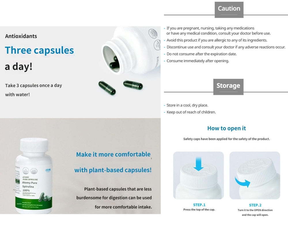 Spirulina label detail highlights digestibility and natural chlorophyll.