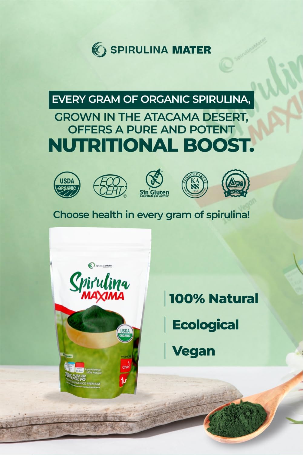 SpirulinaMater Atacama desert-grown spirulina pouch ensures purity