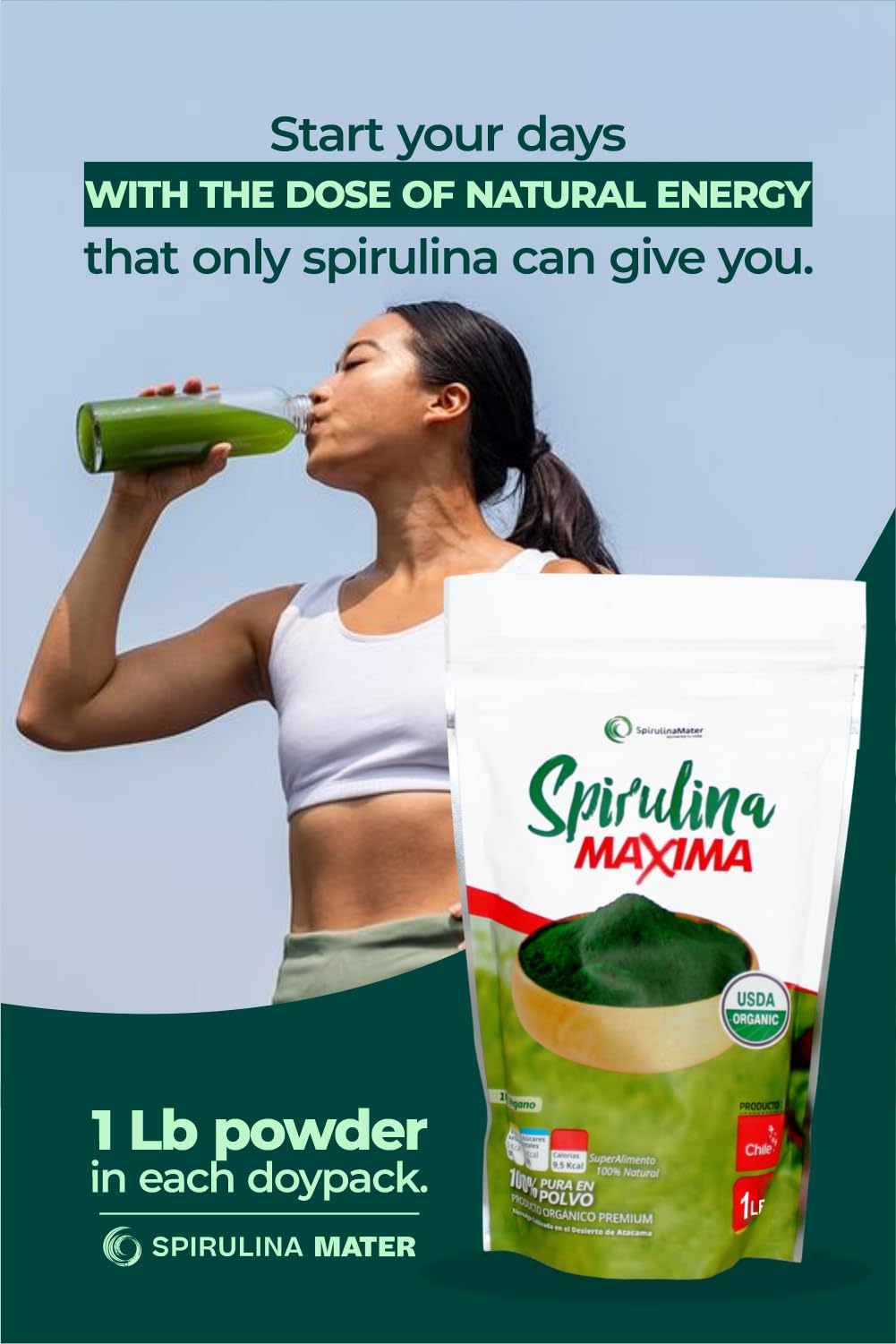 SpirulinaMater daily serving spoon included for easy use