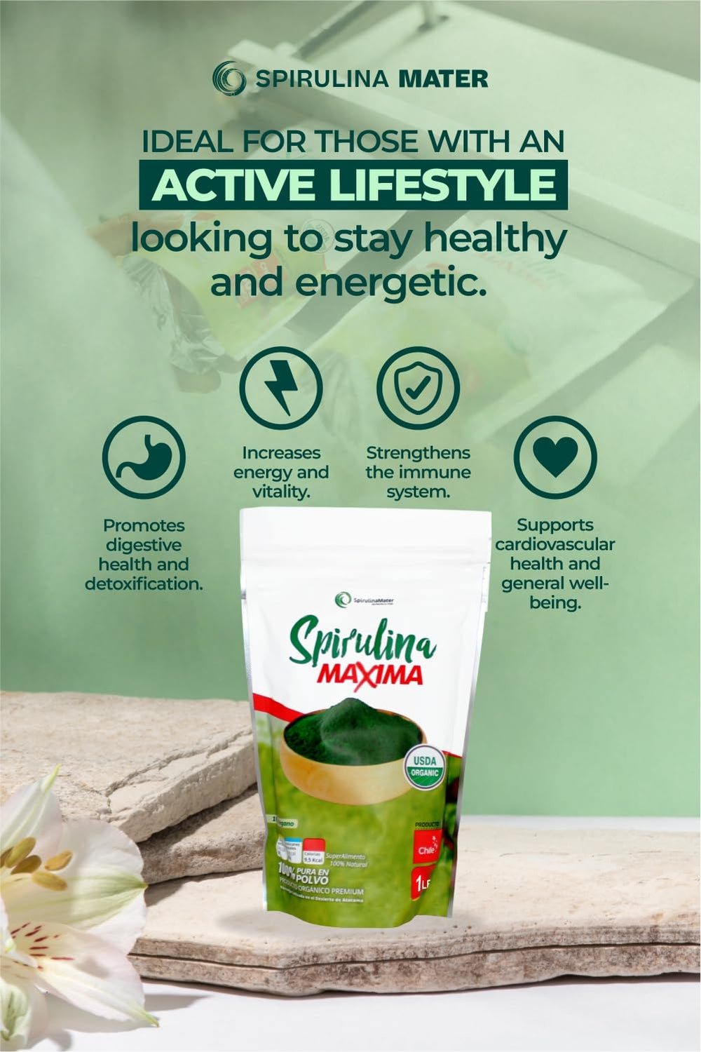 SpirulinaMater smoothie-ready powder blends easily with water