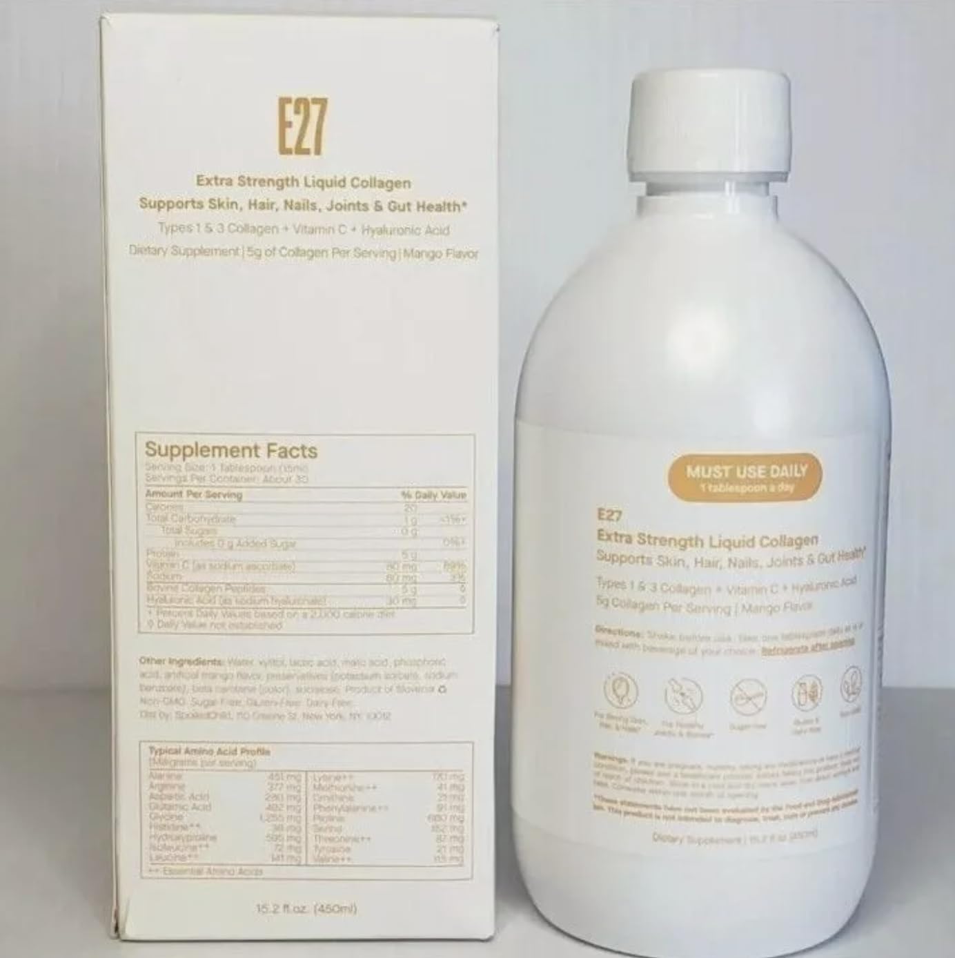SpoiledChild collagen mango liquid pour shows easy dispensing for daily use.