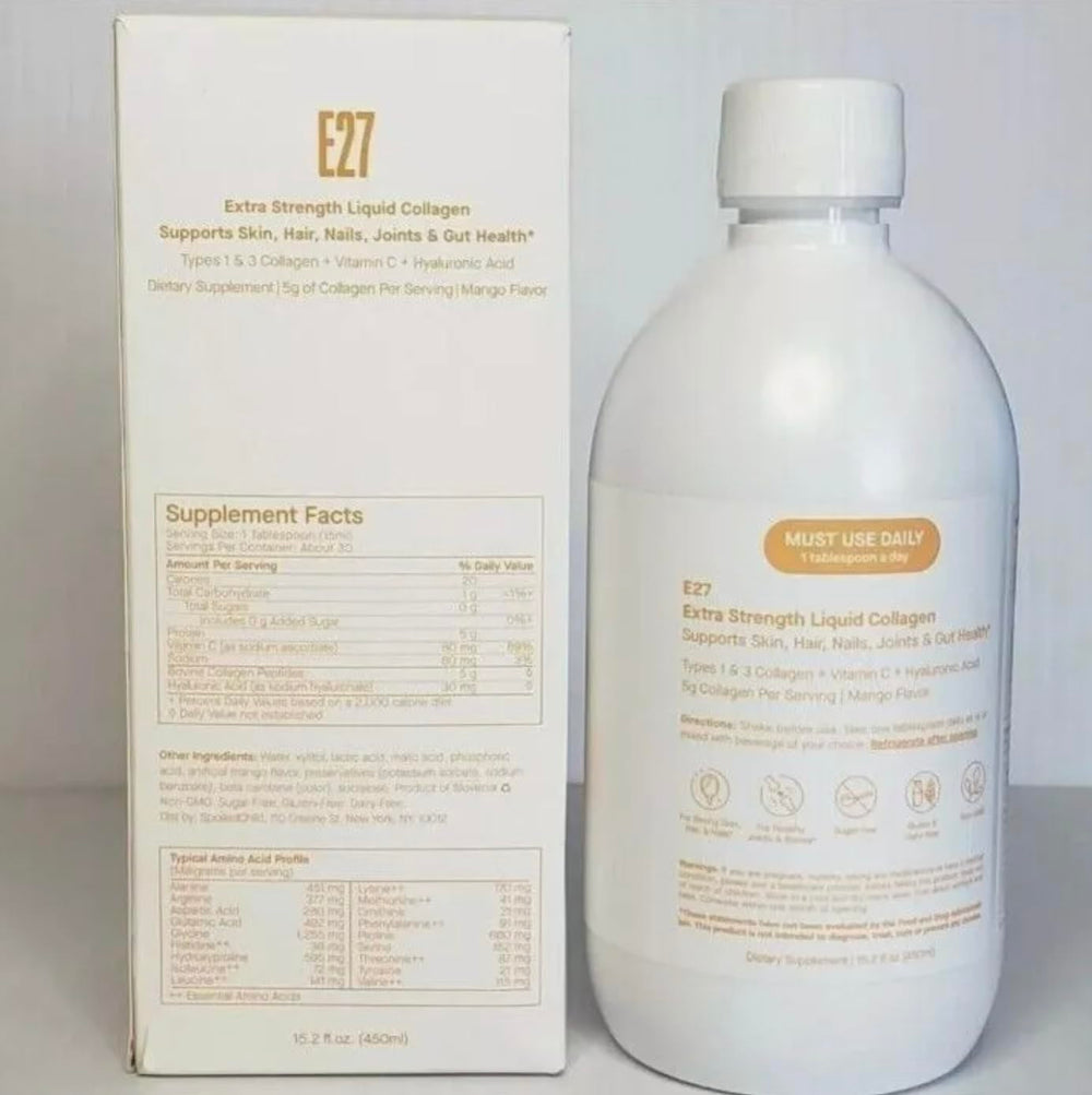 SpoiledChild collagen mango liquid pour shows easy dispensing for daily use.