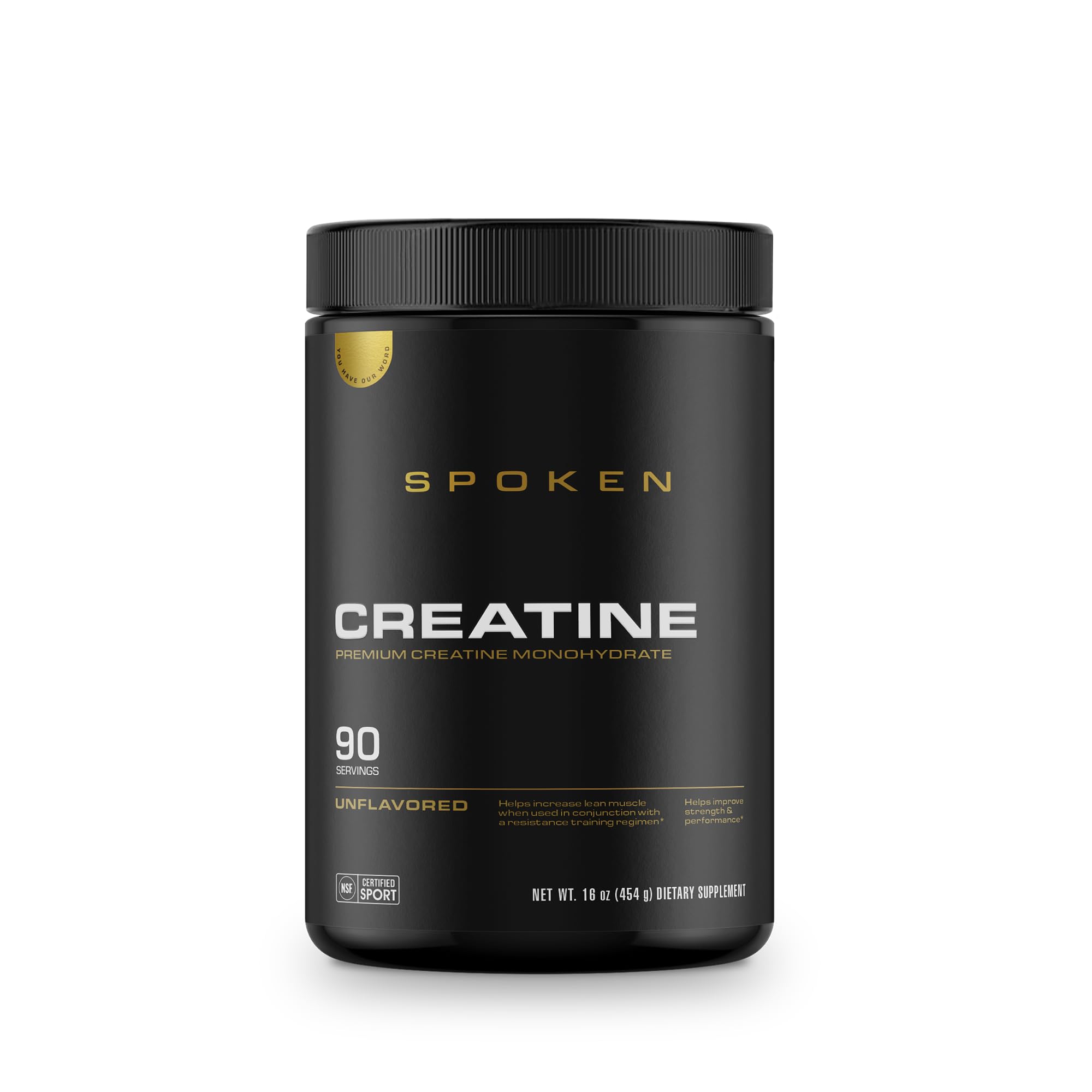Spoken Creatine Monohydrate bottle open highlights easy dosing for strength and recovery.