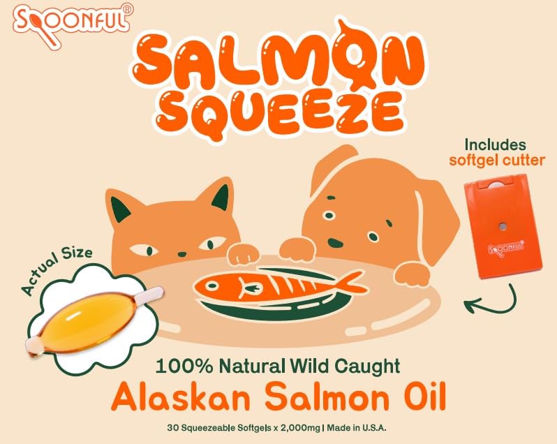 Spoonful Salmon Squeeze softgels close-up showing easy daily dosing for pets.