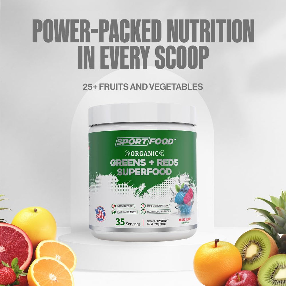Brand packaging emphasizes organic, vegan, keto-friendly Greens & Reds blend.
