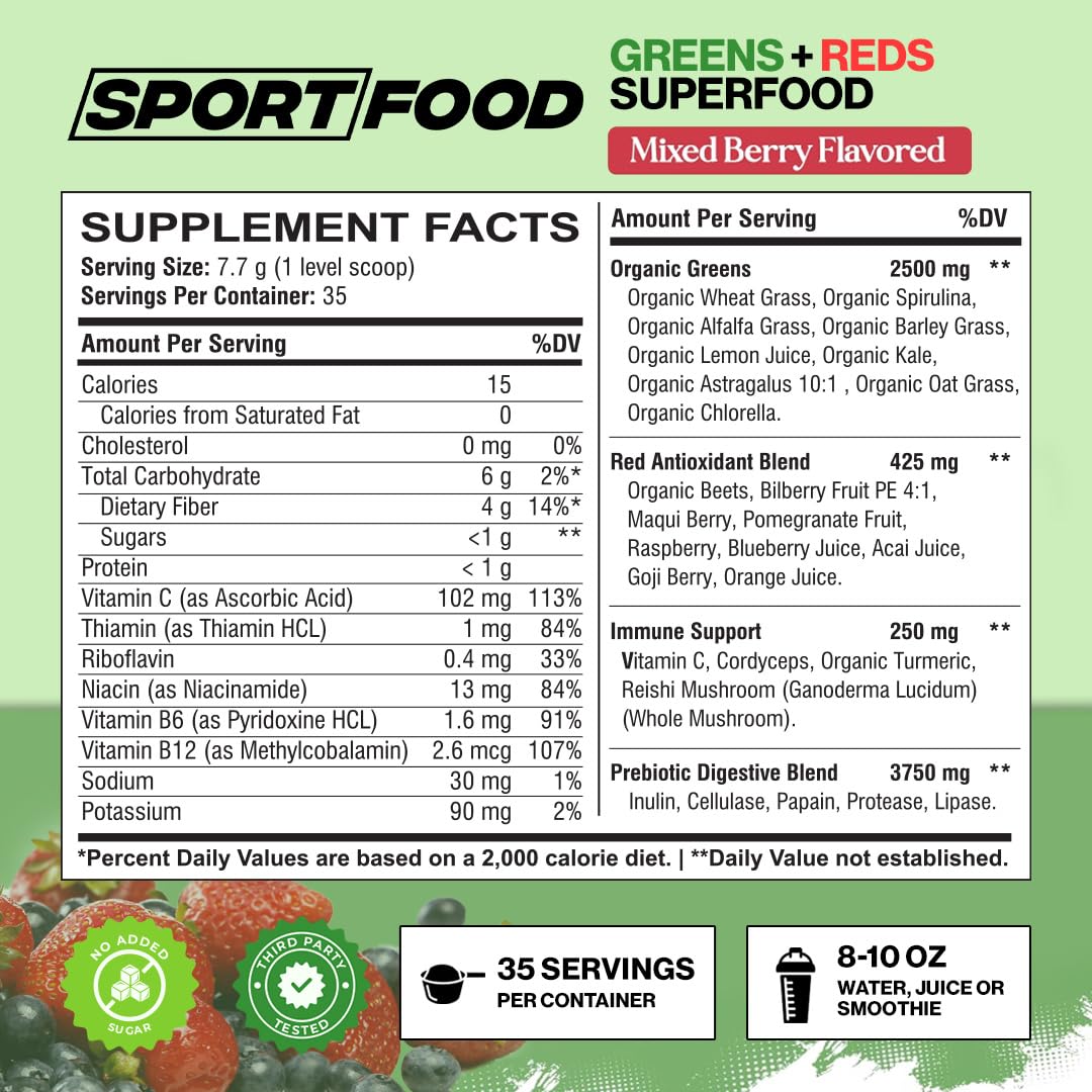 Scoop of Sport Food Greens & Reds ready to mix into a smoothie or water.