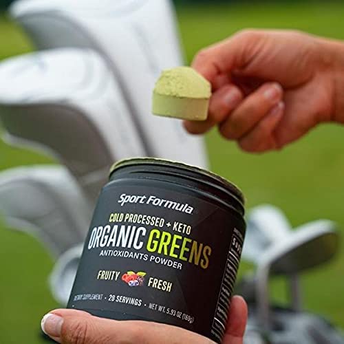 Sport Formula 99 Organic Greens powder with glass of green juice showing energy