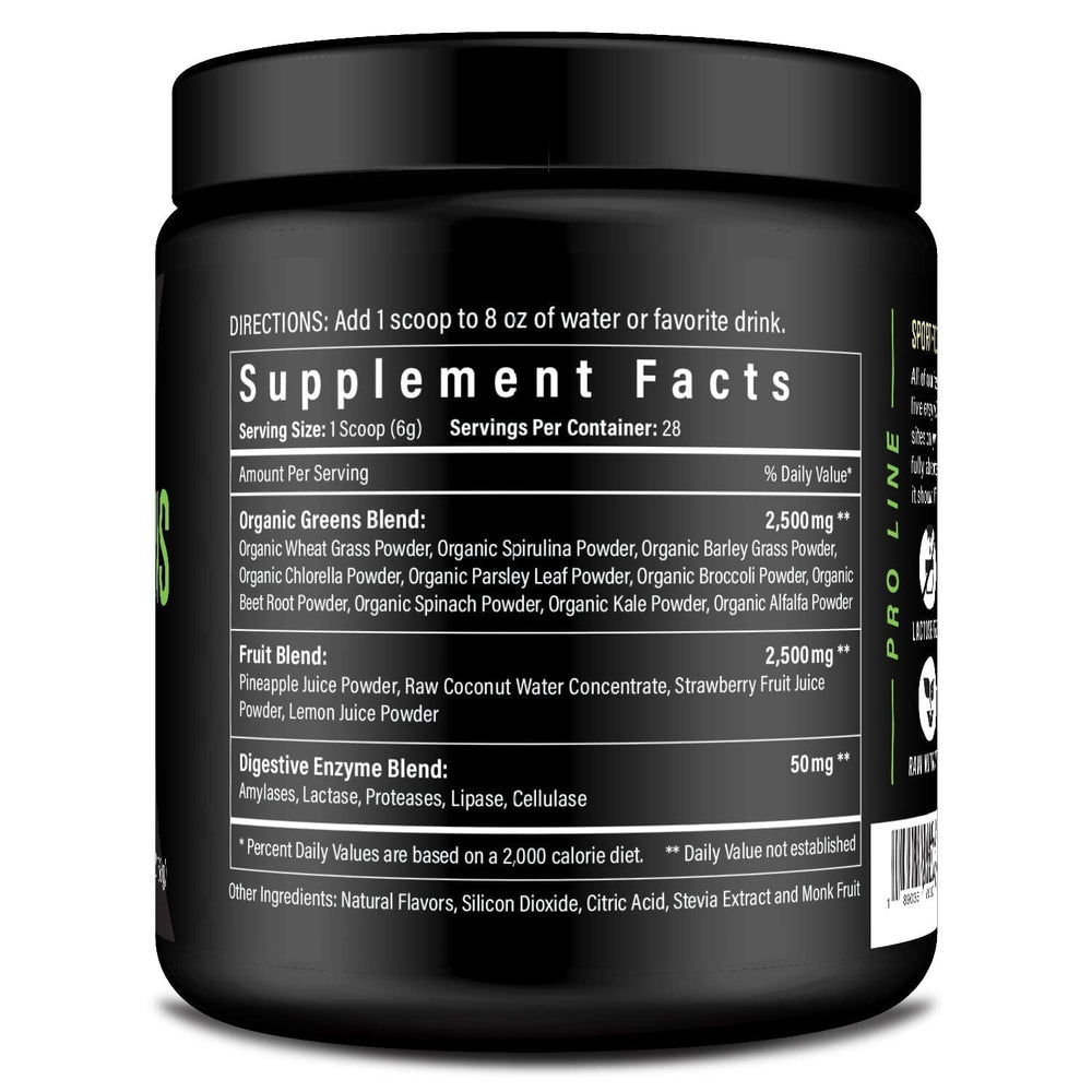 Sport Formula 99 Organic Greens ingredients label close-up organic vegan non GMO