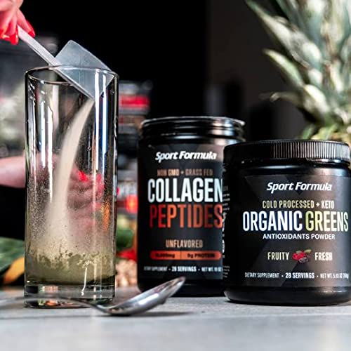 Sport Formula 99 Organic Greens powder on kitchen counter ready to mix