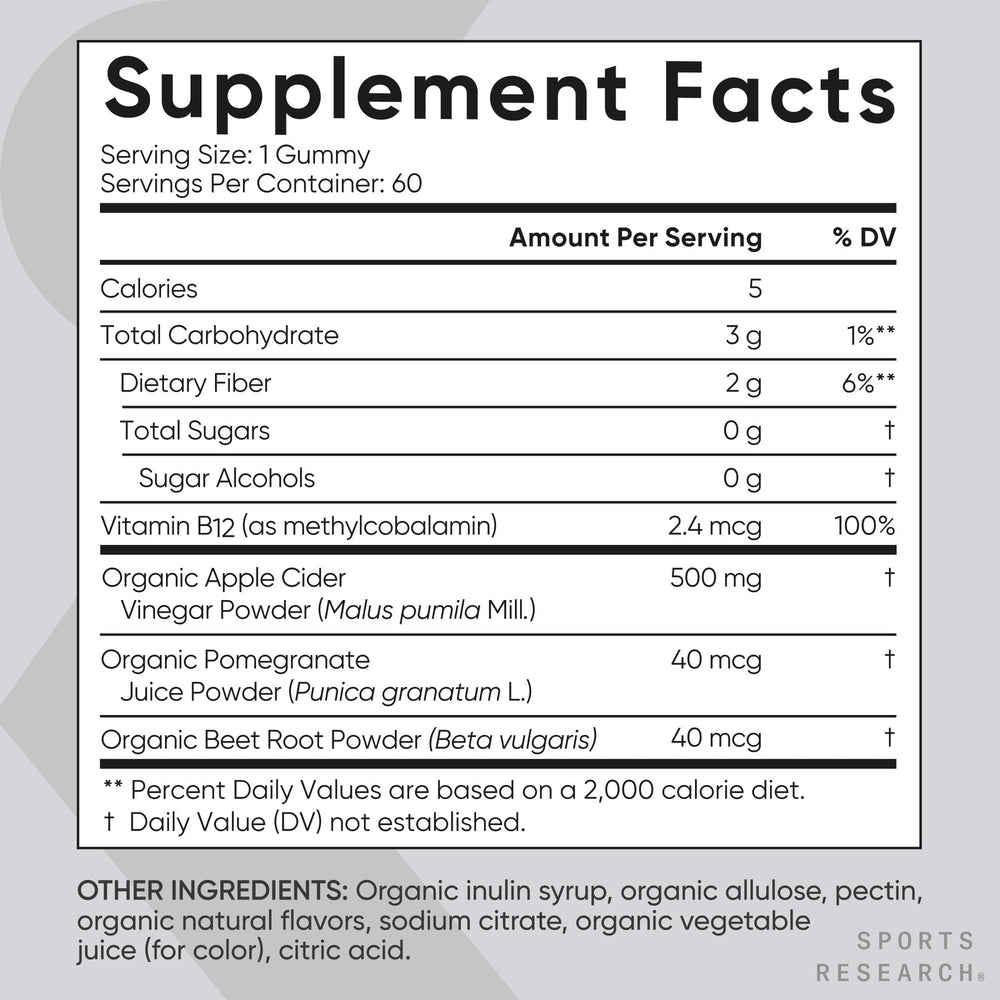 Sports Research ACV gummies nutrition panel – 0 g sugar and 5 calories per gummy.
