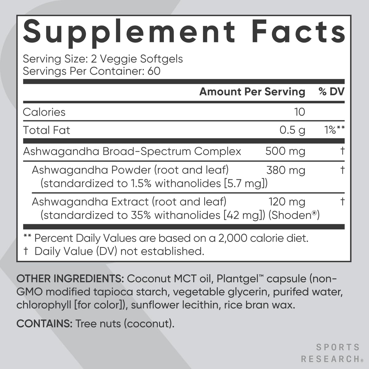 Coconut MCT oil inset highlights enhanced absorption for Ashwagandha softgels.