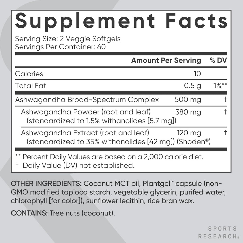 Coconut MCT oil inset highlights enhanced absorption for Ashwagandha softgels.