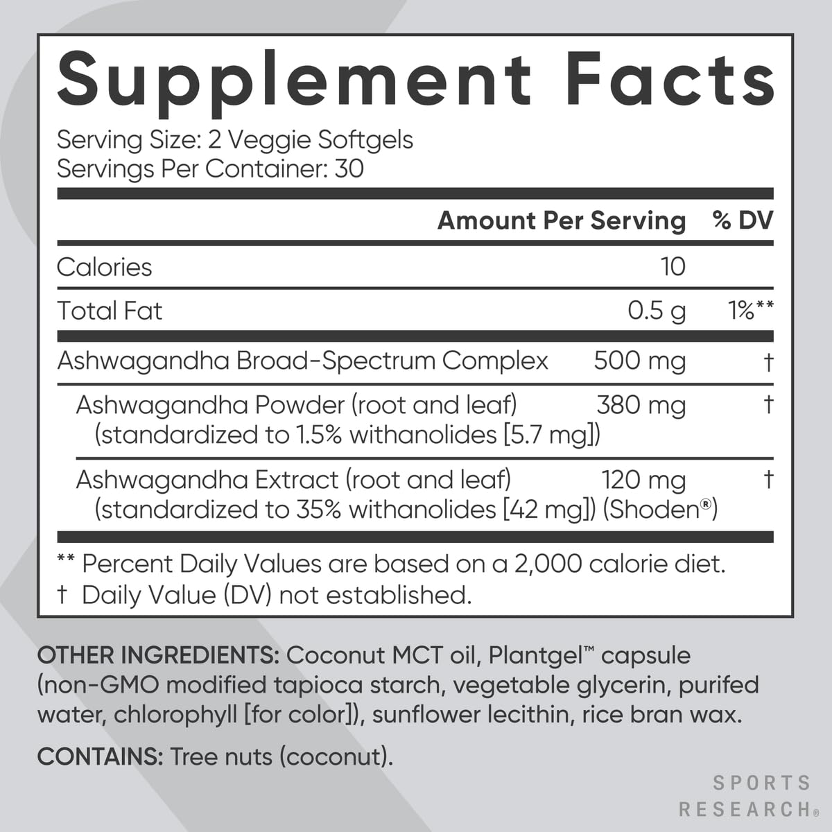 Gluten-free label on Sports Research Ashwagandha softgels packaging