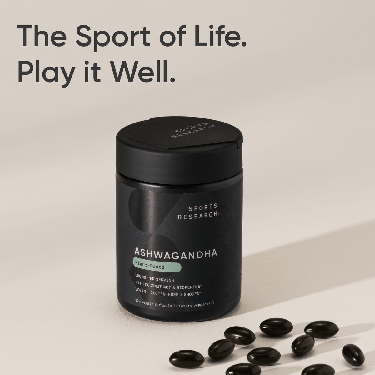 Third-party testing stamp indicates quality for Sports Research Ashwagandha softgels.