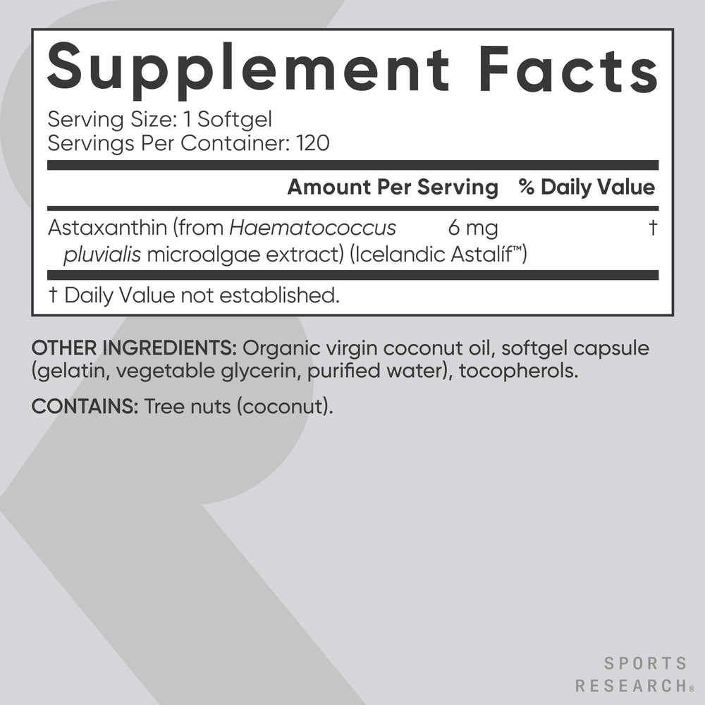 Sports Research Astaxantina etiqueta clara con ingredientes y beneficios.