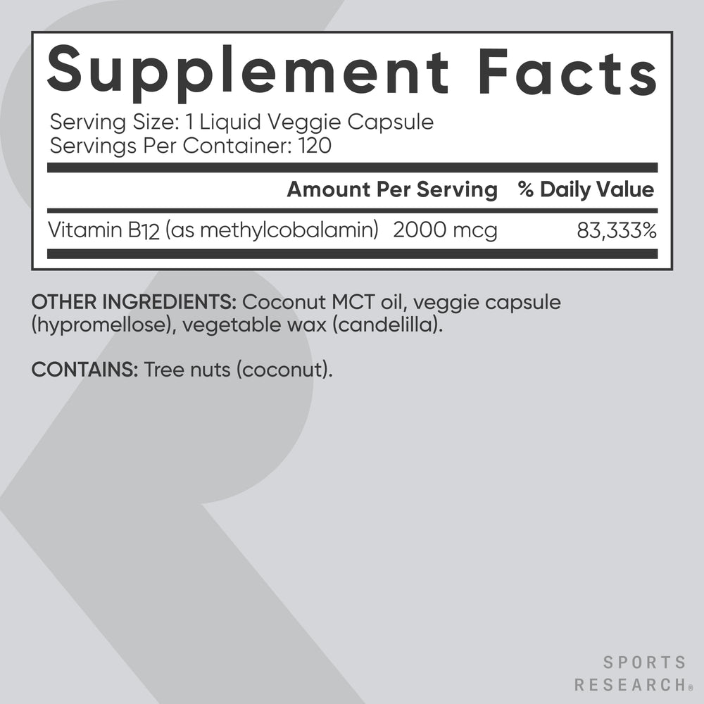 Sports Research B12 bottle shows gluten-free and soy-free icons for dietary compatibility.
