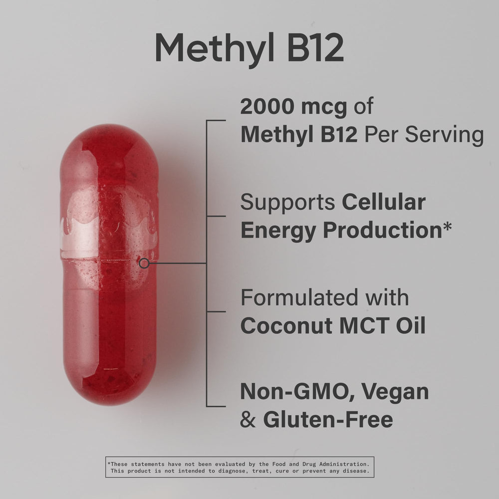 Sports Research B12 liquid caps close-up showing vegan-friendly capsules.