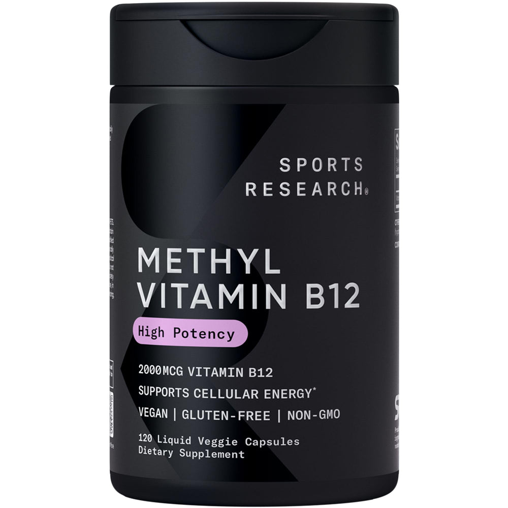 Sports Research B12 methylcobalamin bottle for daily energy support.
