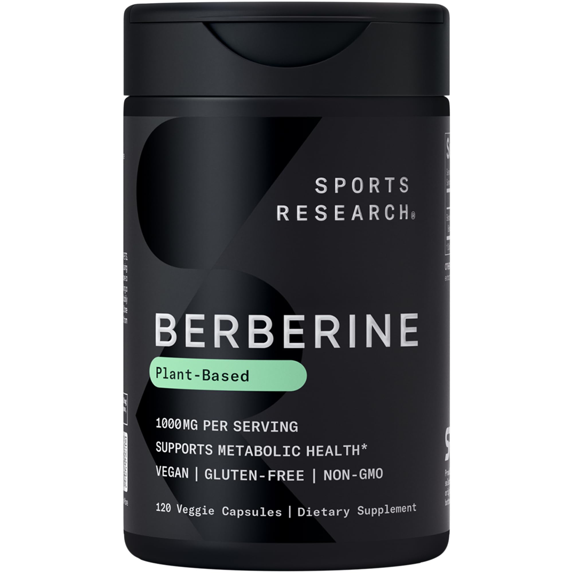 Sports Research Berberine bottle front shows vegan formula for metabolic support.