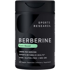 Sports Research Berberine bottle front shows vegan formula for metabolic support.