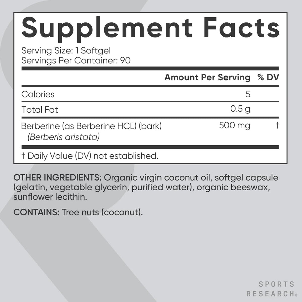 Sports Research Berberine softgel capsules on white surface for daily routine