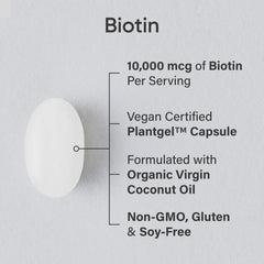 Sports Research Biotin 10,000 mcg, botella frontal, formato vegano.