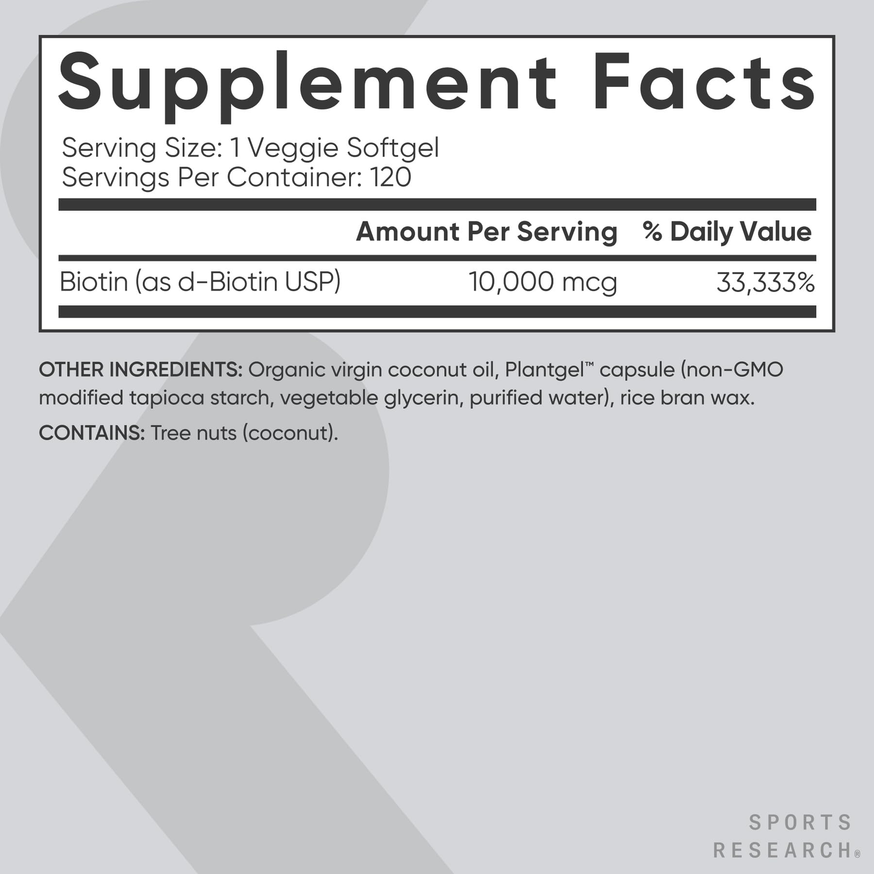 Sports Research Biotin 10,000 mcg, detalles de ingredientes y aceite de coco.