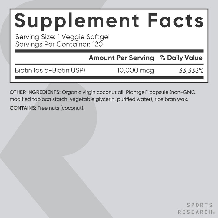 Sports Research Biotin 10,000 mcg, detalles de ingredientes y aceite de coco.