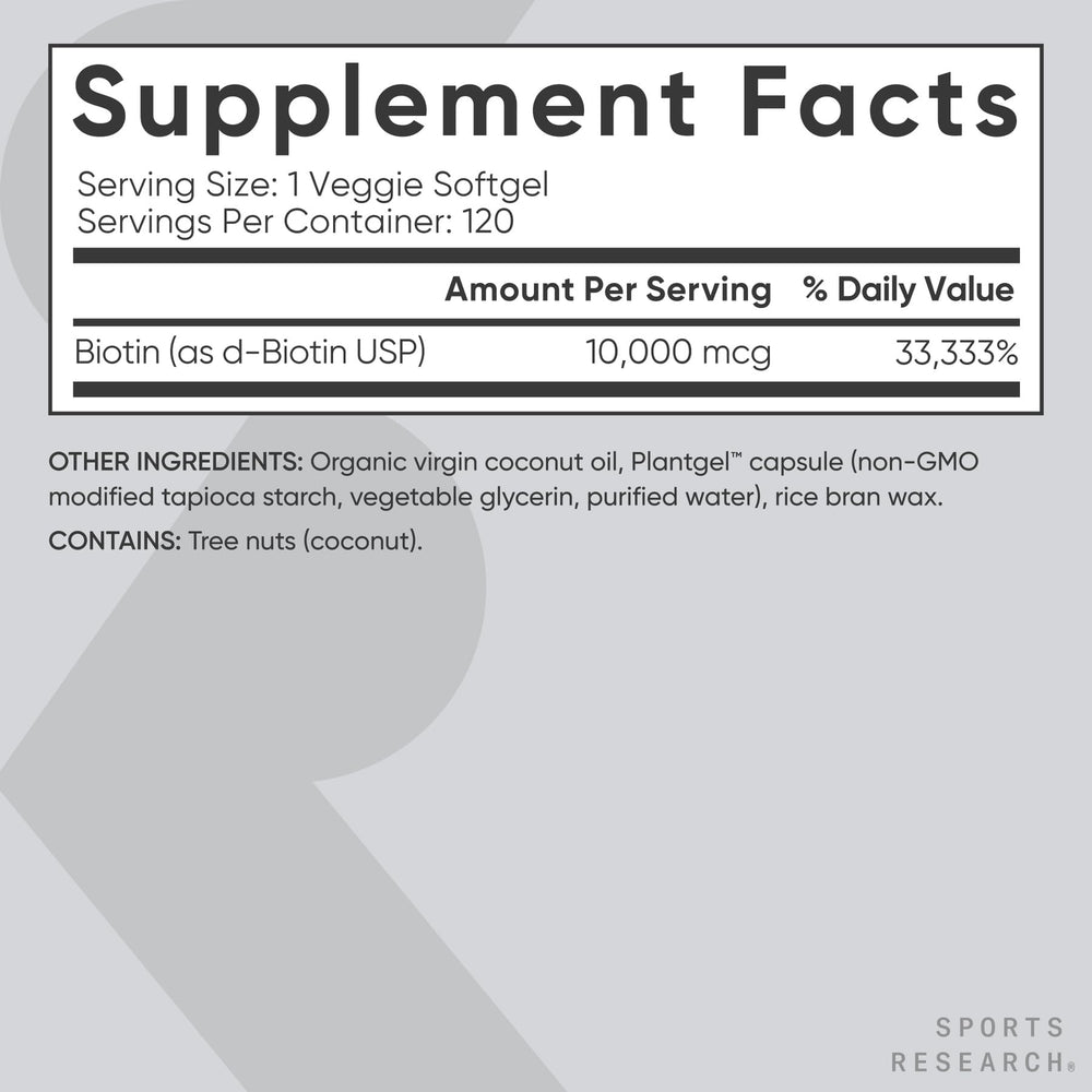 Sports Research Biotin 10,000 mcg, detalles de ingredientes y aceite de coco.