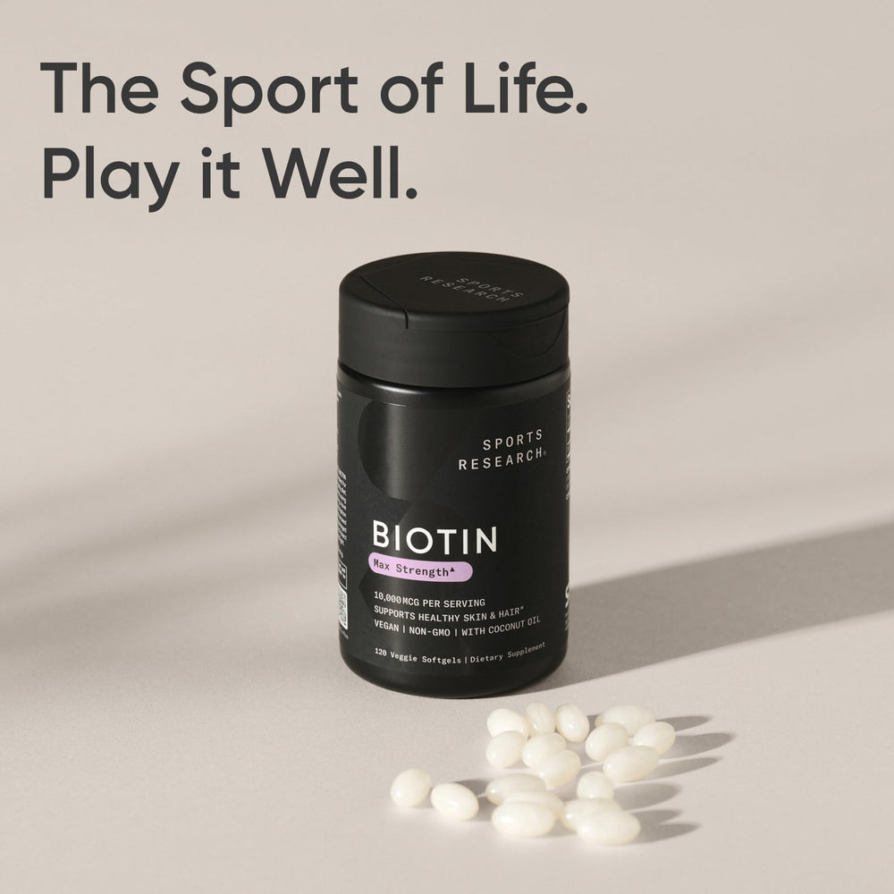 Sports Research Biotin 10,000 mcg, embalaje compacto para casa.