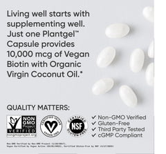 Sports Research Biotin 10,000 mcg, etiqueta clara, información de origen.
