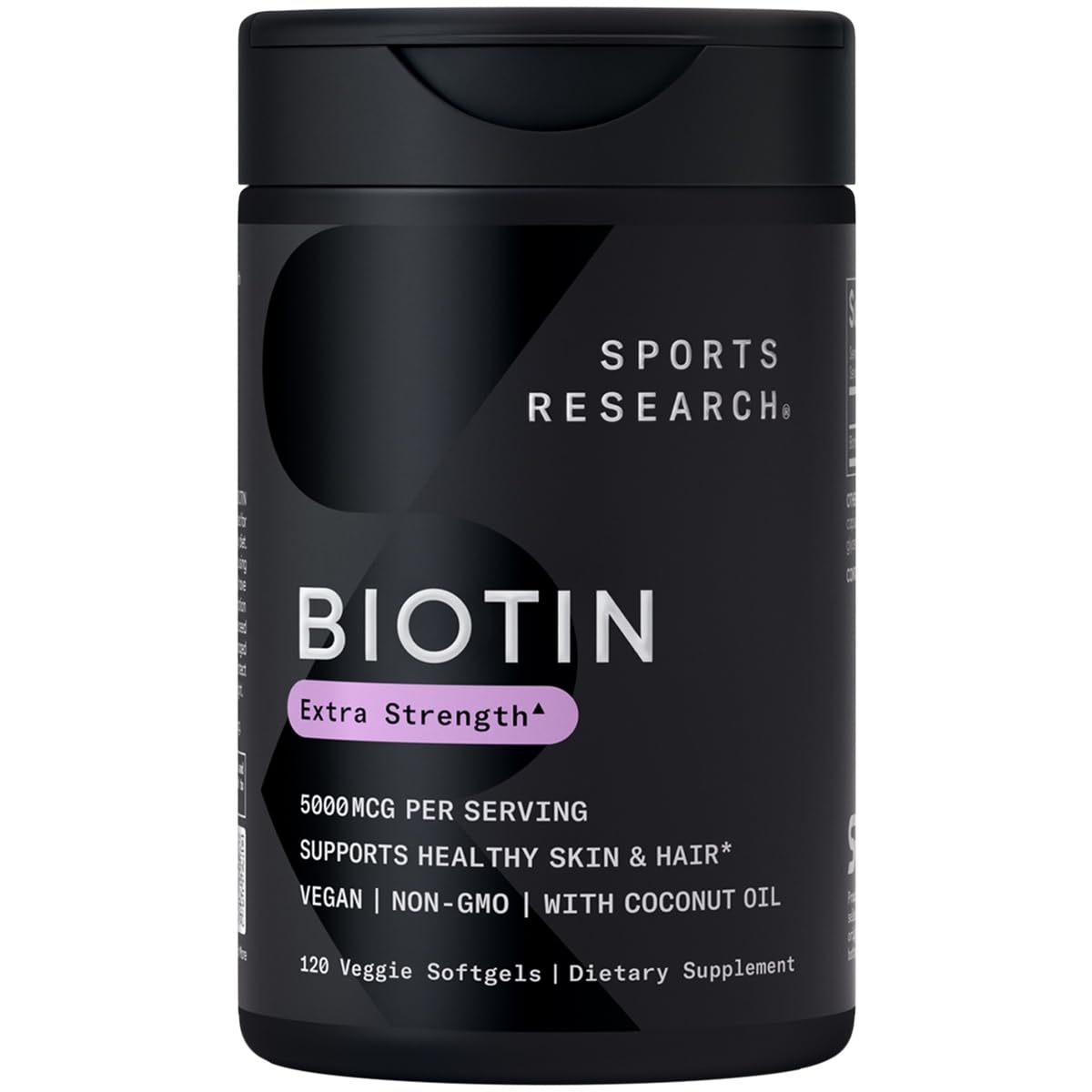 Sports Research Biotin 5,000mcg bottle label highlights vegan formula for healthy hair.