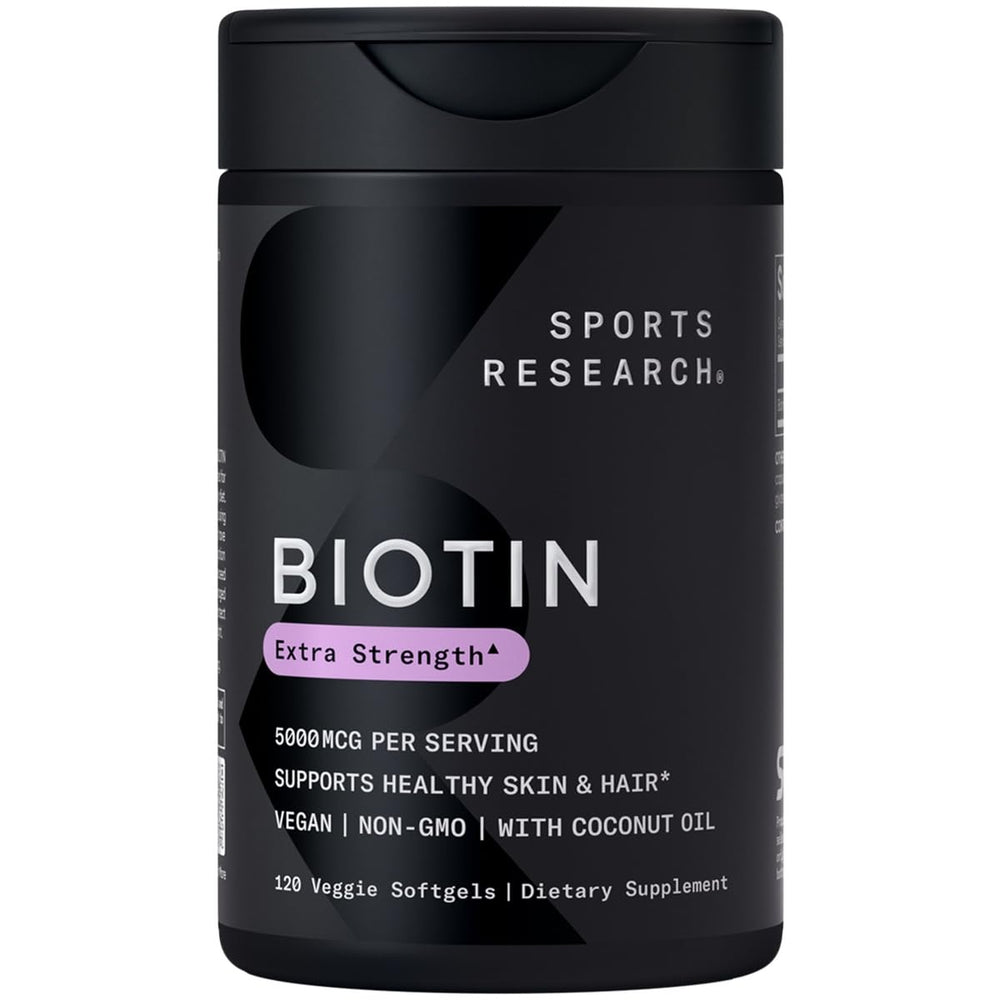 Sports Research Biotin 5,000mcg bottle label highlights vegan formula for healthy hair.