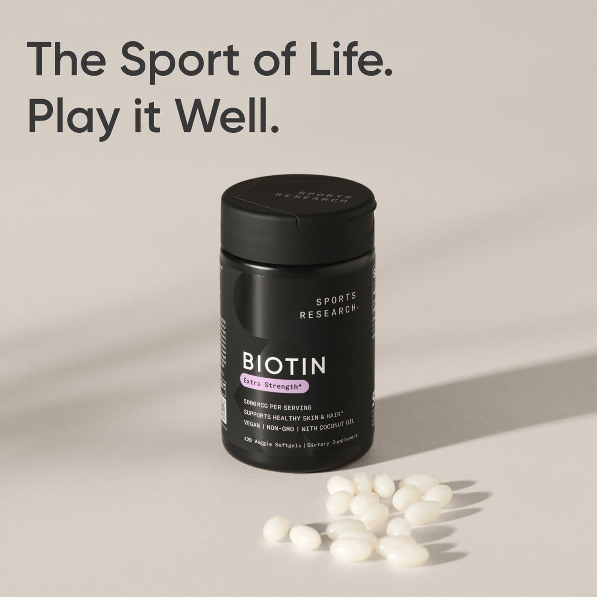 Ingredient panel on Sports Research Biotin 5,000mcg box with coconut oil.
