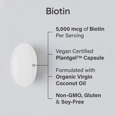 Close-up of Sports Research Biotin softgels in a bottle.