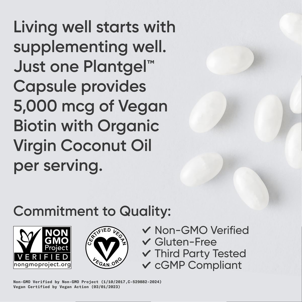 Vegan-certified Sports Research Biotin packaging on display.