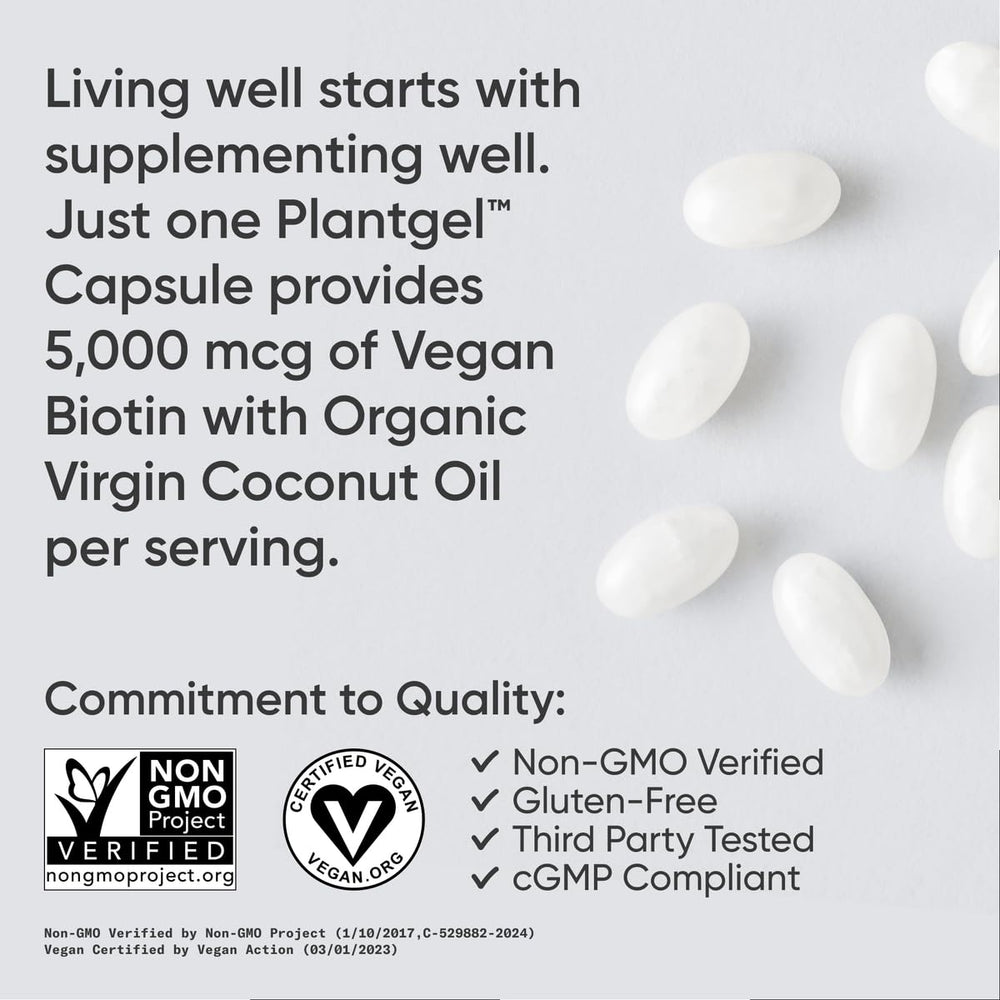 Vegan-certified Sports Research Biotin packaging on display.