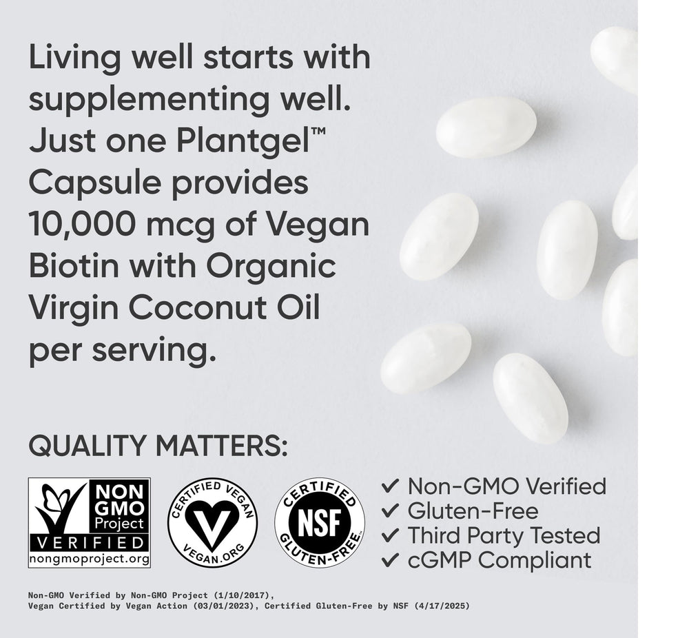 Sports Research Biotina 10,000 mcg detalle de cápsula Plantgel vegetariana.