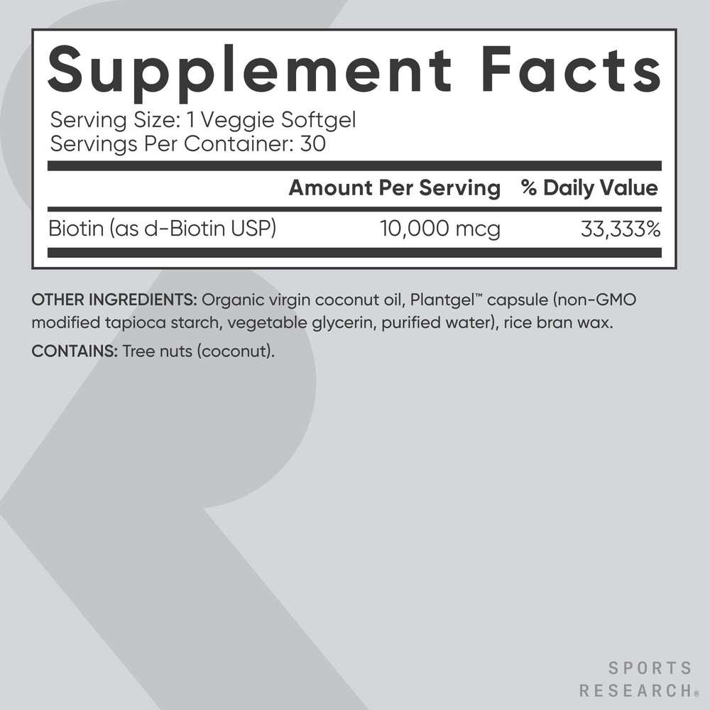 Sports Research Biotina 10,000 mcg presentación sin gluten ni soja.