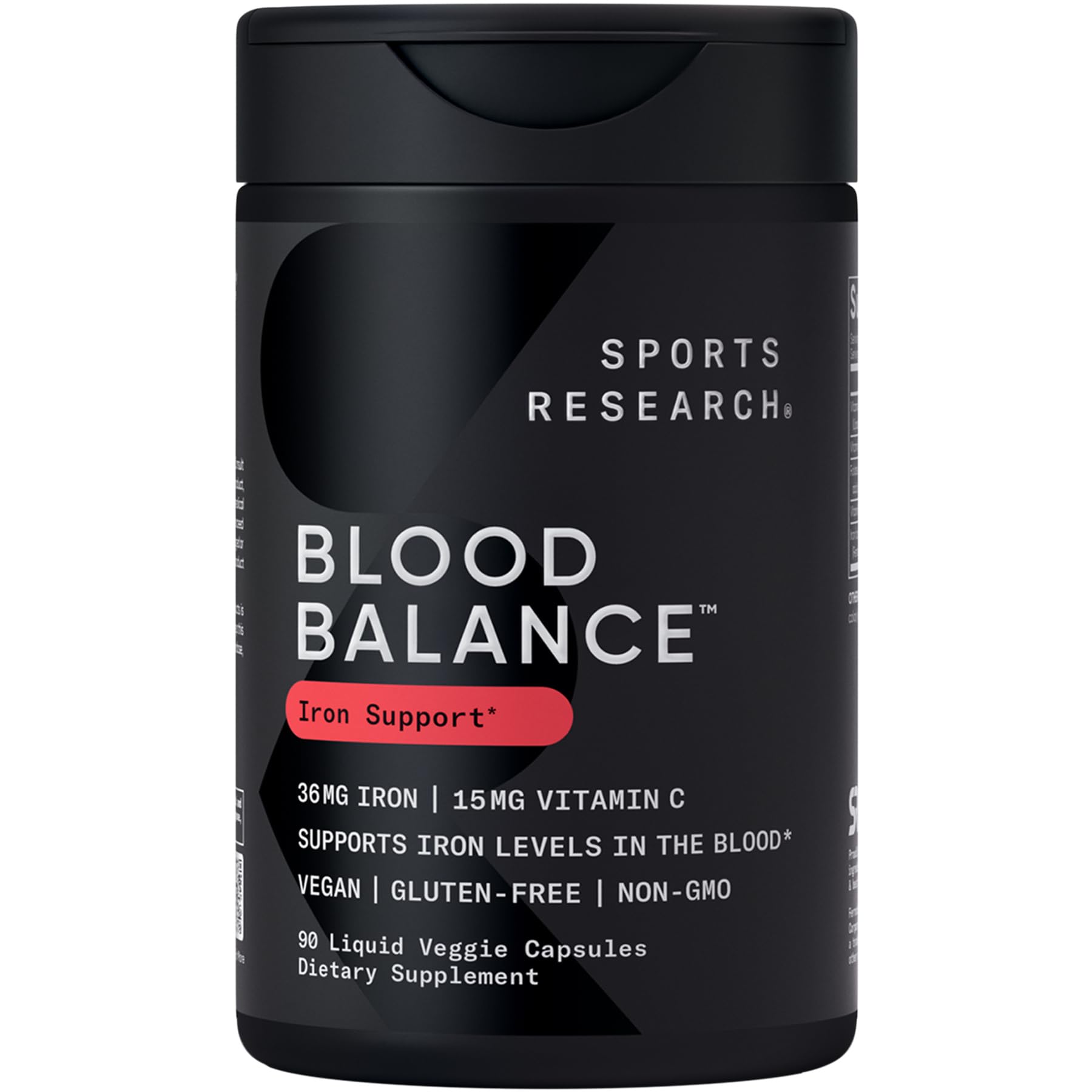 Sports Research Blood Balance bottle front, suggesting a daily iron supplement for energy support