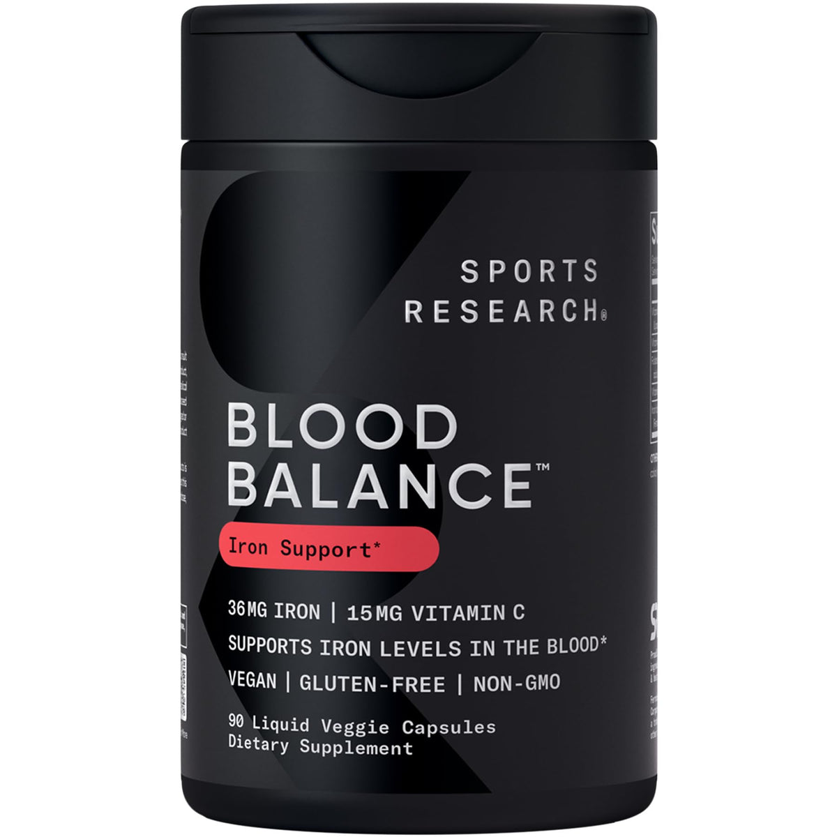 Sports Research Blood Balance bottle front, suggesting a daily iron supplement for energy support