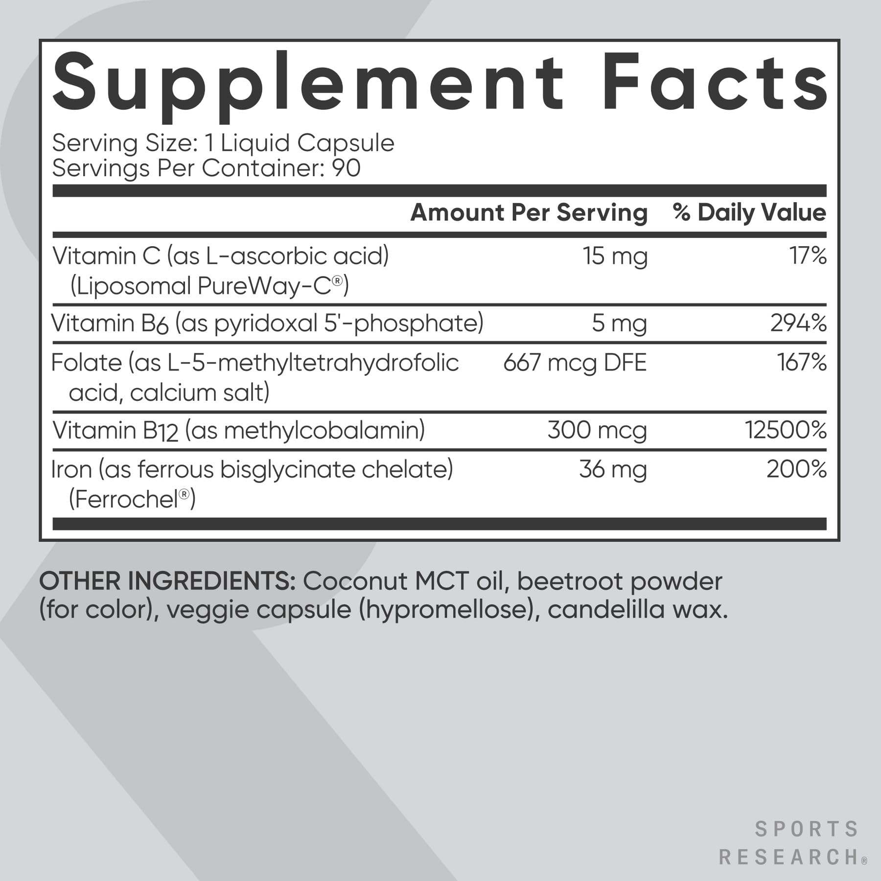 Sports Research Blood Balance ingredients label, featuring Vitamin C and folate for absorption